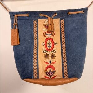 Mo&Co Suede Leather Embroidered Boho Drawstring Bucket Bag